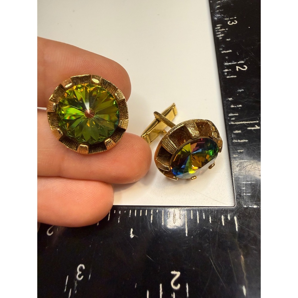 Vintage Gold Tone Watermelon Vitrail Glass Round Cufflinks Green Purple Toggle